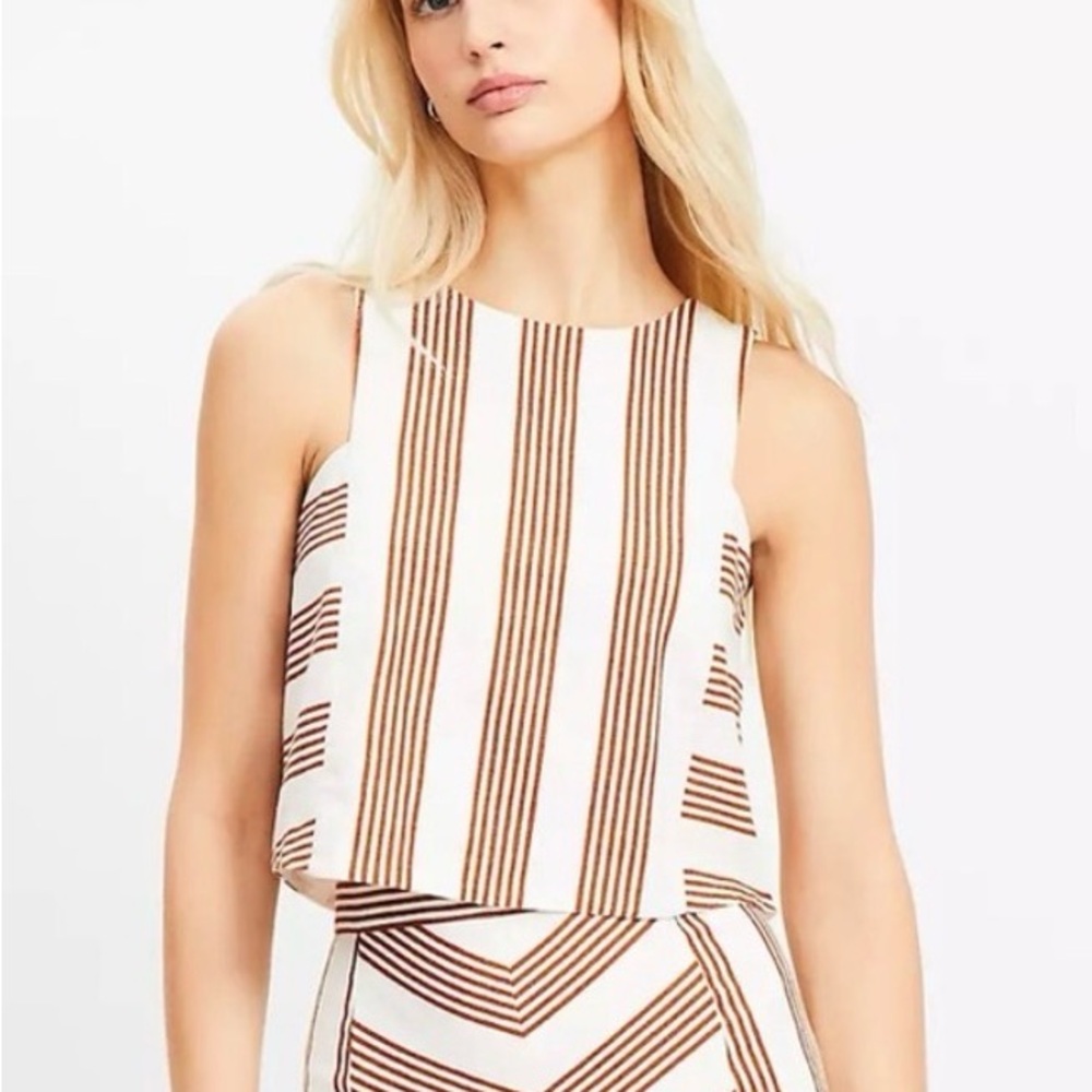 LOFT White and Brown Vertical Stripe Sleeveless Top